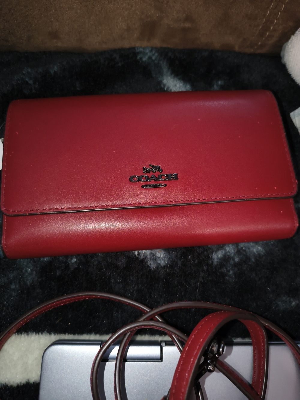 Coach Tag And Crossbody Strap ❤️ Dark Cherry And Gun Metal - Picture 8 of 11